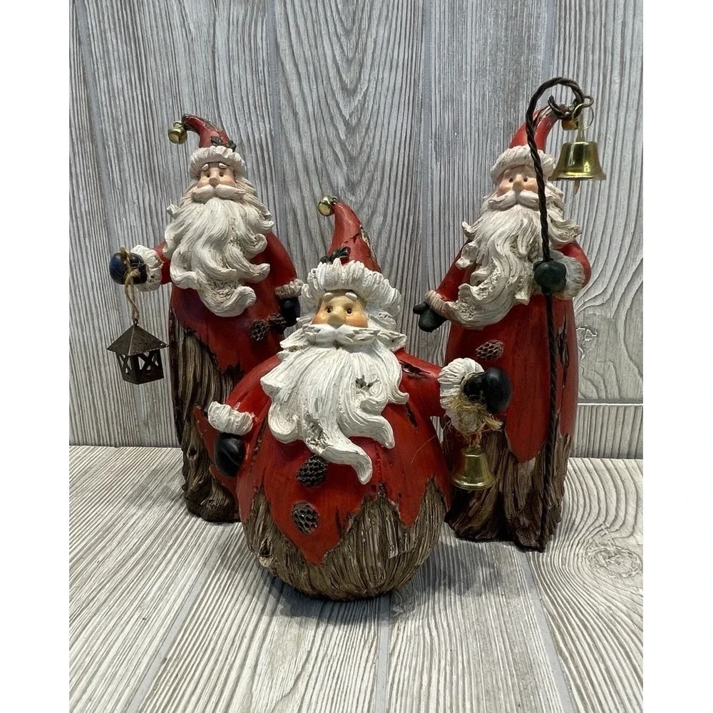 Set Of 3  Santa Claus St Nick Figurines Resin w/ Bells Wood Look Christmas Decor